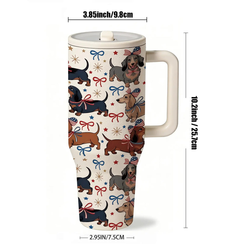 1Pc 40Oz Cute Dachshund Tumbler, Patriotic Dog Print Insulated Travel Mug with Handle, Stainless Steel Vacuum Cup for Coffee, Water and Iced Drinks, USA Style Summer Drinkware Gift for Women, Men, Dog Moms and Dog Lovers