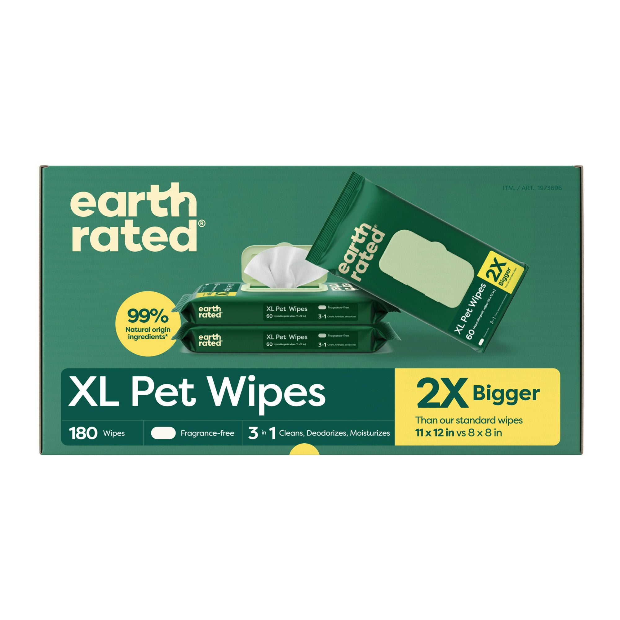 Earth Rated XL Hypoallergenic Pet Wipes, 60-Count Each, 3-Pack