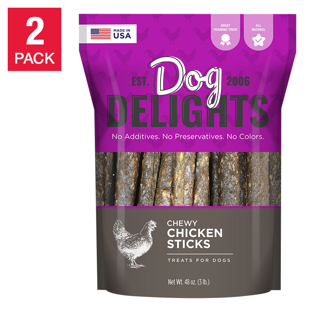Dog Delights Chewy Chicken Sticks 48Oz, 2-Pack