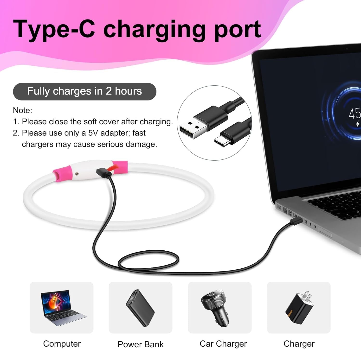 Light up Dog Collar - Waterproof LED Pet Collar Rechargeable, TPU Cuttable Glow in the Dark Dog Lights for Night Walking (Pink)