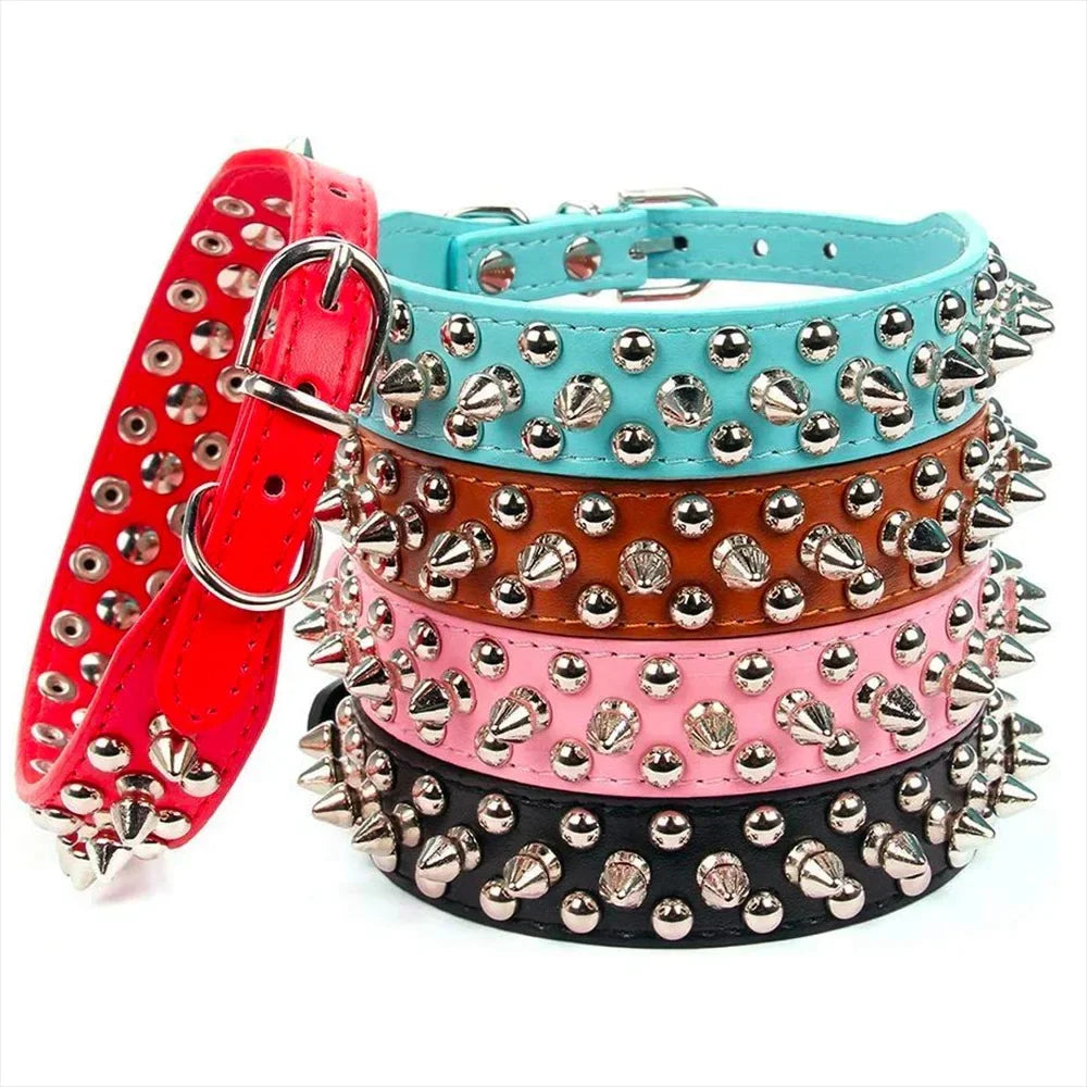Adjustable Leather Pet Dog Collar Neck Strap Supplies PU Leather Punk Rivet Spiked Dog Collar Pet Collars for Small Dog Cat