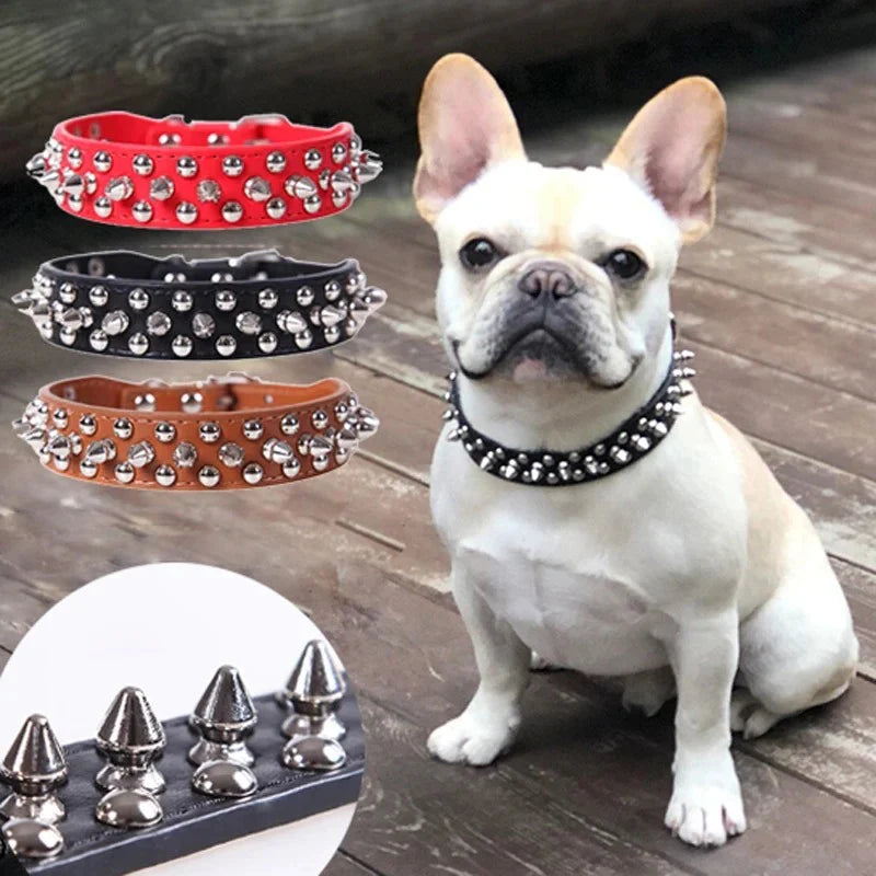 Adjustable Leather Pet Dog Collar Neck Strap Supplies PU Leather Punk Rivet Spiked Dog Collar Pet Collars for Small Dog Cat