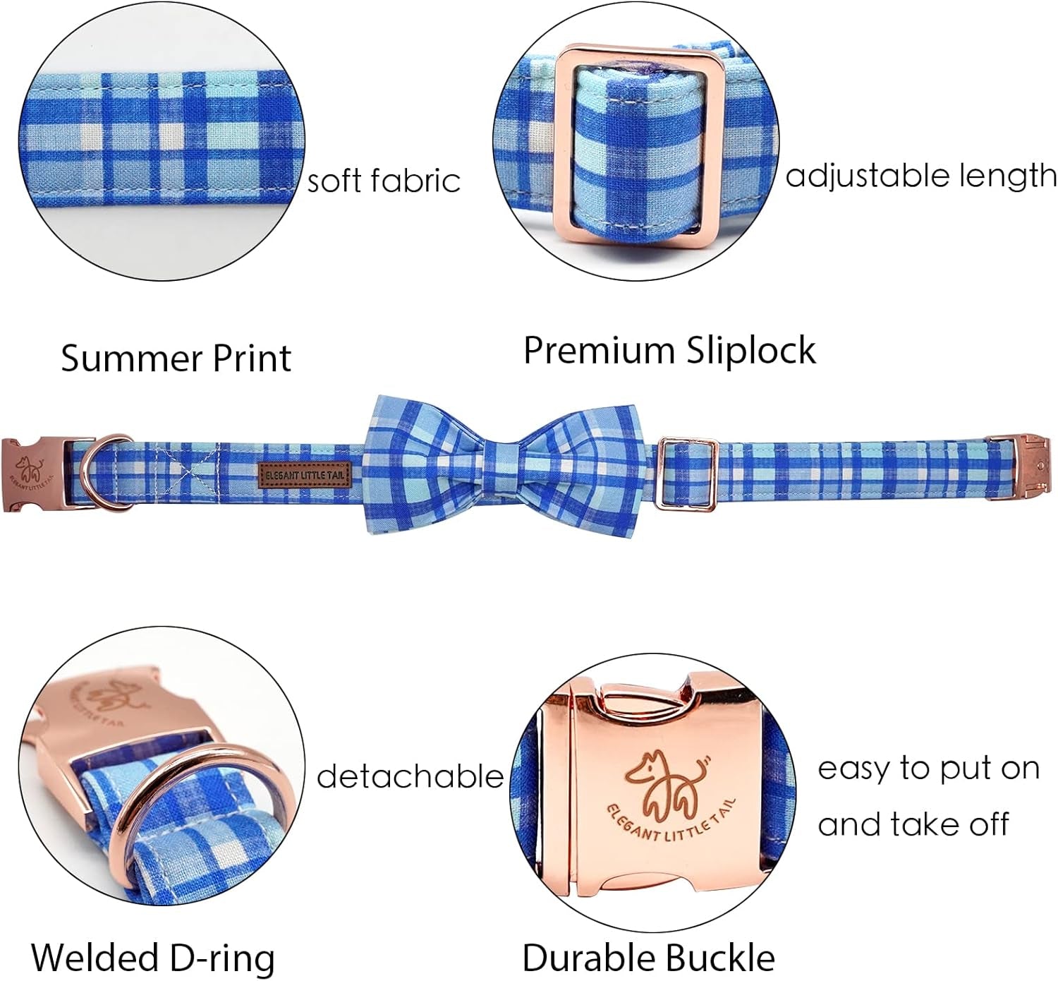 Dog Collar with Bow - Blue Plaid Boy Dog Collar Cute Bowtie Pet Collar Adjustable Dog Collar for X-Small Puppy and Cat