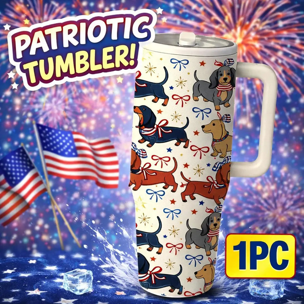 1Pc 40Oz Cute Dachshund Tumbler, Patriotic Dog Print Insulated Travel Mug with Handle, Stainless Steel Vacuum Cup for Coffee, Water and Iced Drinks, USA Style Summer Drinkware Gift for Women, Men, Dog Moms and Dog Lovers