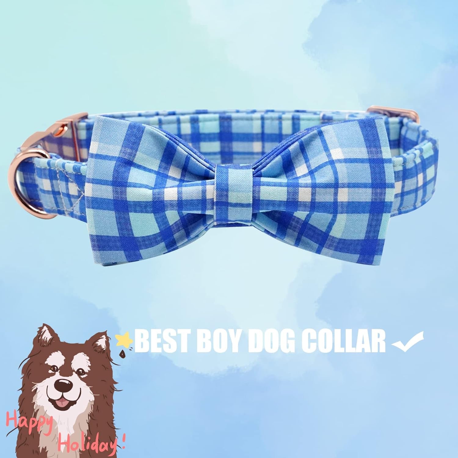 Dog Collar with Bow - Blue Plaid Boy Dog Collar Cute Bowtie Pet Collar Adjustable Dog Collar for X-Small Puppy and Cat