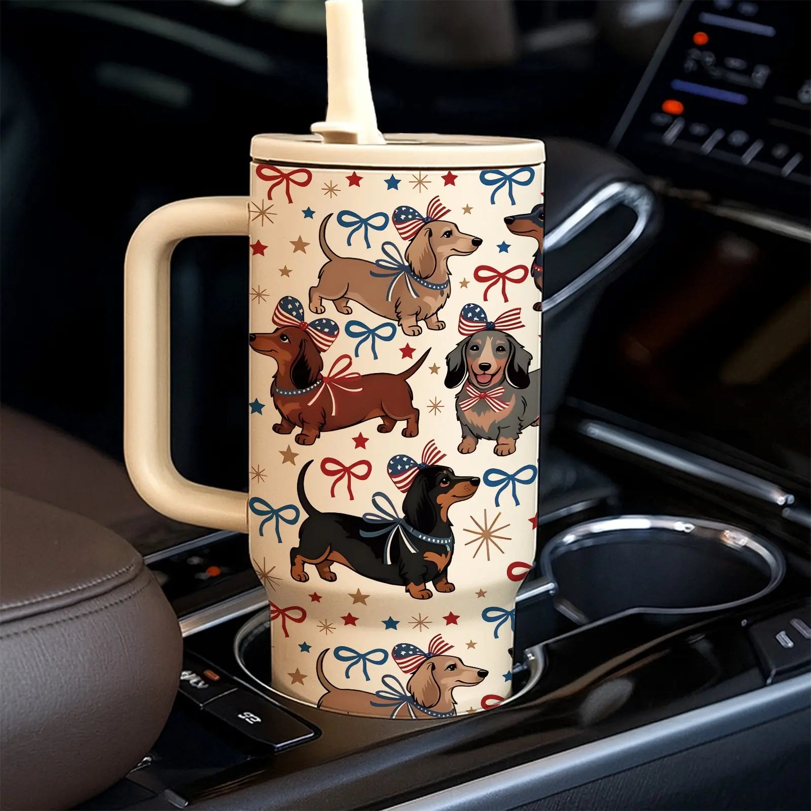 1Pc 40Oz Cute Dachshund Tumbler, Patriotic Dog Print Insulated Travel Mug with Handle, Stainless Steel Vacuum Cup for Coffee, Water and Iced Drinks, USA Style Summer Drinkware Gift for Women, Men, Dog Moms and Dog Lovers