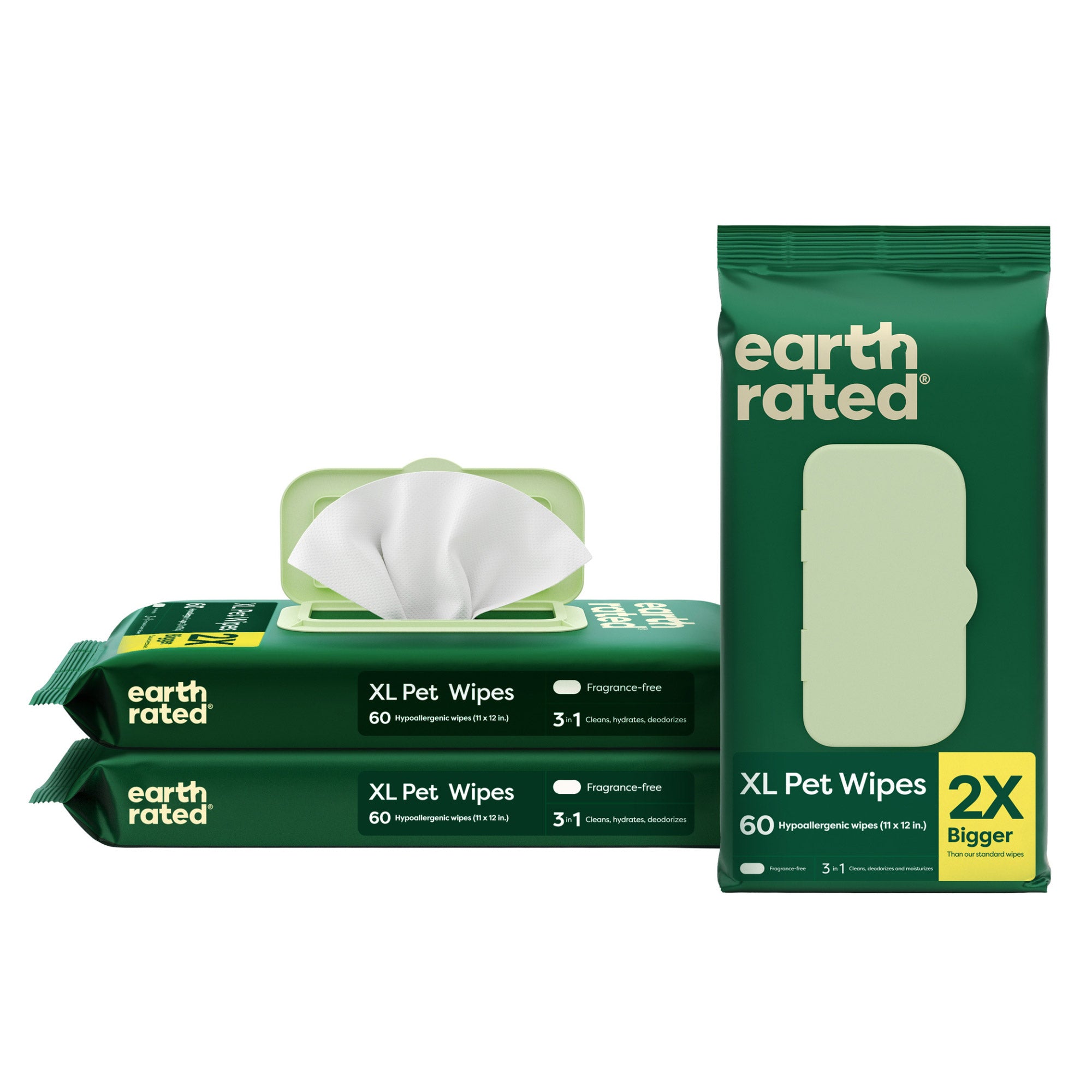 Earth Rated XL Hypoallergenic Pet Wipes, 60-Count Each, 3-Pack